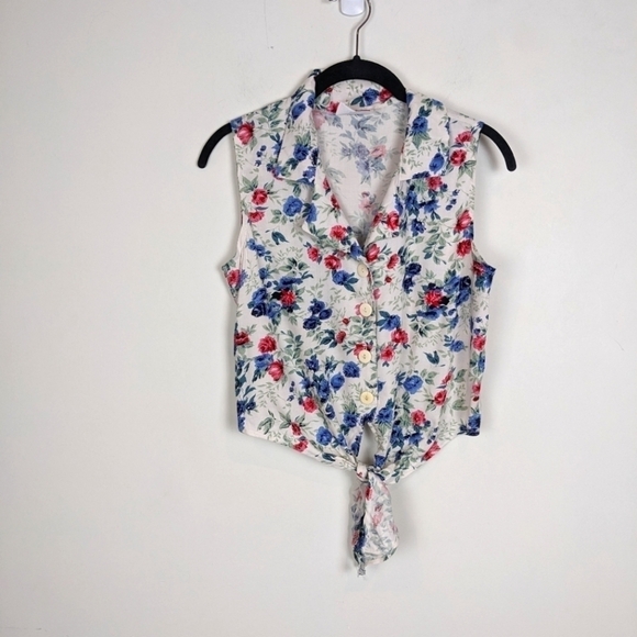 Vintage 90s Button Down Tie Front Cropped Blouse Top small - Picture 2 of 7